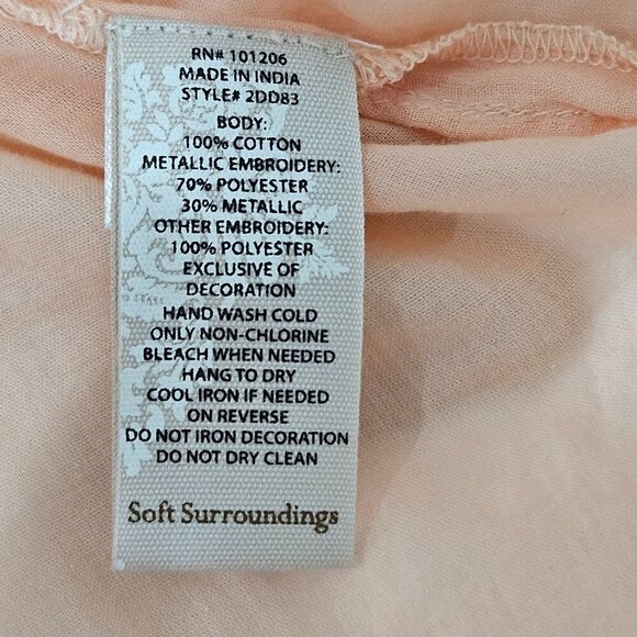 Soft Surroundings Palm Island Embroidered Tunic Top Small Peach Boho Artsy - Picture 10 of 12